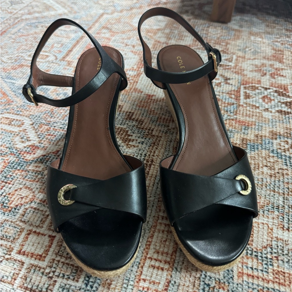 Cole Haan Black Espadrille Wedge Sandals